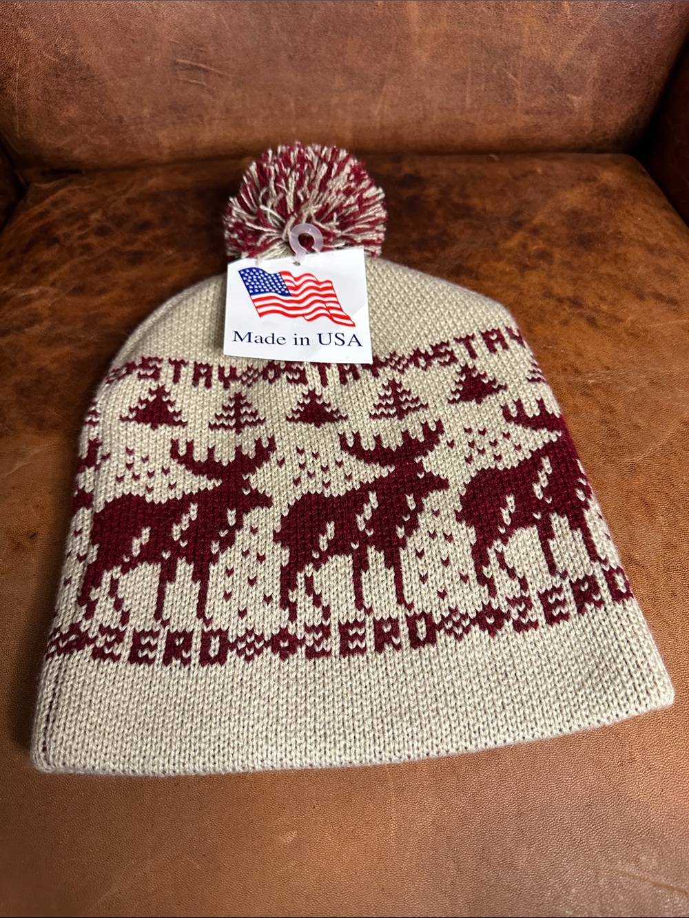 Zero Foxtrot Cream & Maroon Stay Zero Knit Holiday Beanie with Pom Made in USA